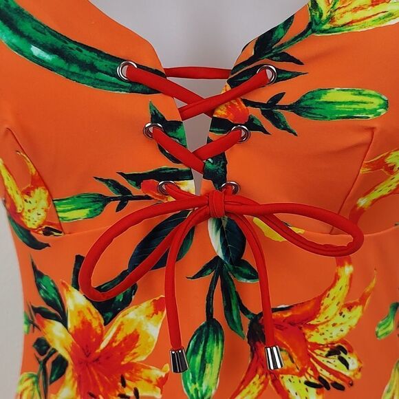 NWT Cupshe Tropical Orange Floral Lace Up One Piece Swimsuit Size L - Picture 9 of 12